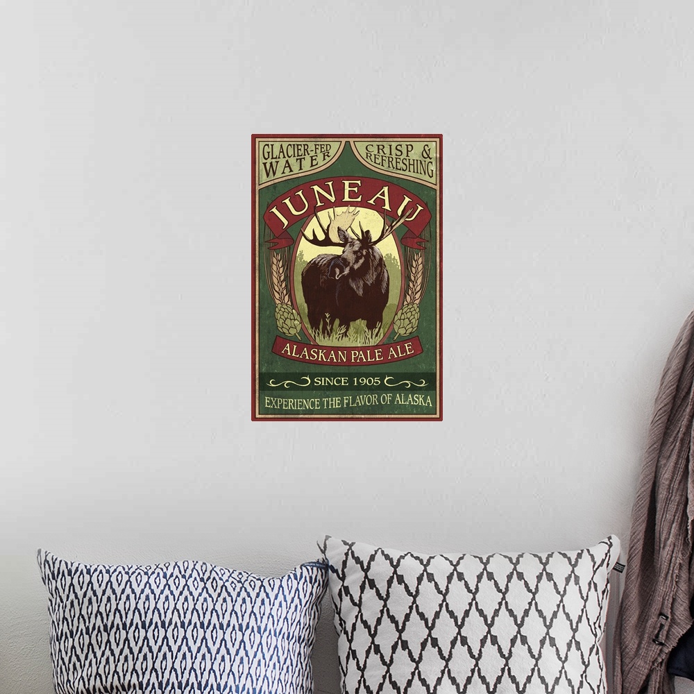 A bohemian room featuring Retro stylized art poster of a vintage sign using a moose in the center of the image advertising ...