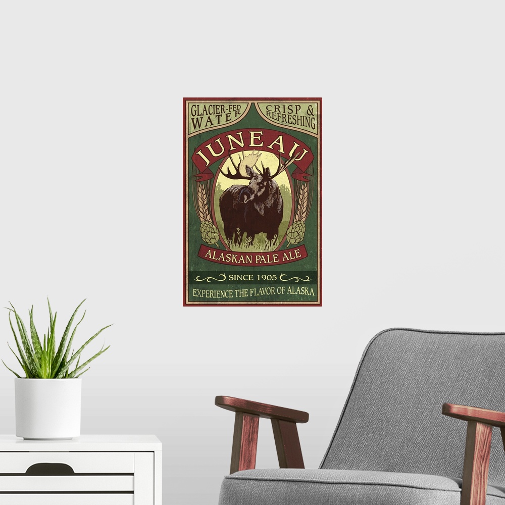 A modern room featuring Retro stylized art poster of a vintage sign using a moose in the center of the image advertising ...