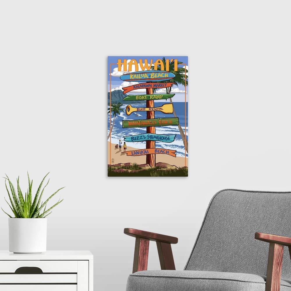 A modern room featuring Kailua, Hawaii - Kailua Beach Sign Destination: Retro Travel Poster