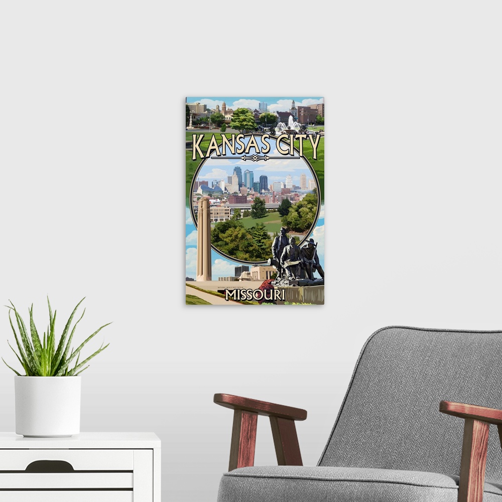 A modern room featuring Kansas City, Missouri - Montage Scenes: Retro Travel Poster