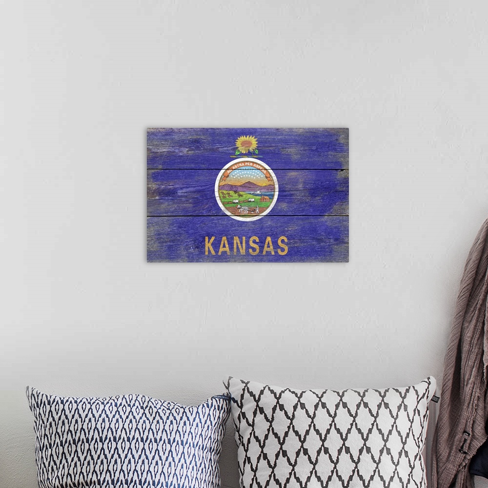 A bohemian room featuring Kansas State Flag, Barnwood Painting
