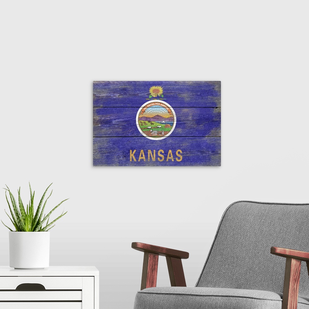 A modern room featuring Kansas State Flag, Barnwood Painting