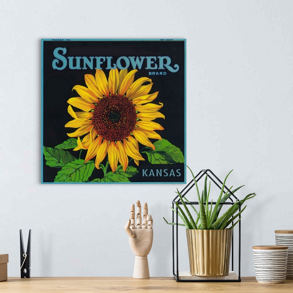 A bohemian room featuring Kansas, Sunflower Brand Crate Label