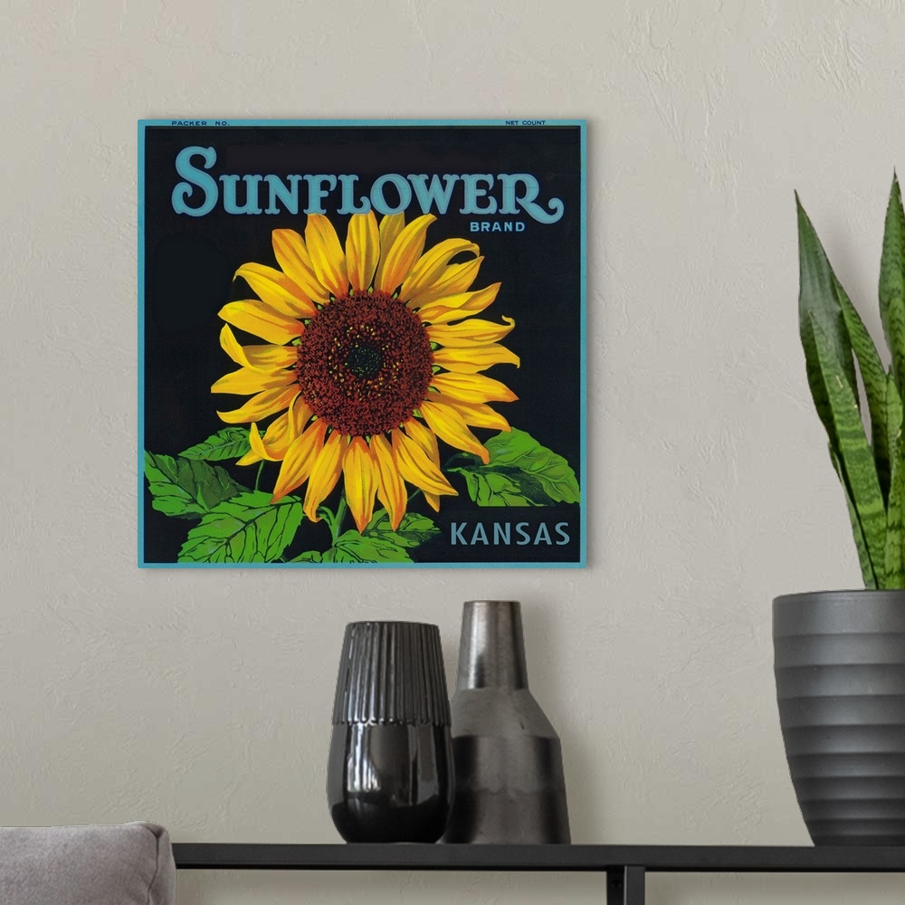 A modern room featuring Kansas, Sunflower Brand Crate Label