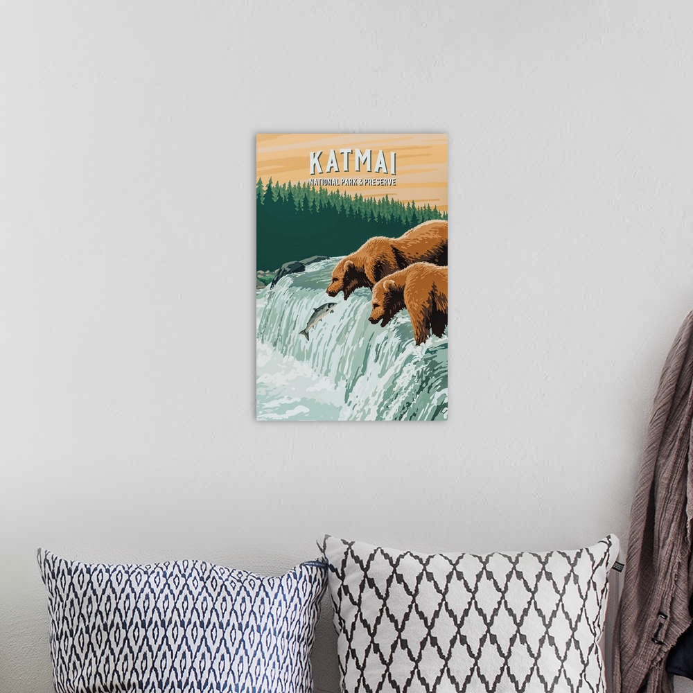 A bohemian room featuring Katmai National Park, Bears Hunting: Retro Travel Poster