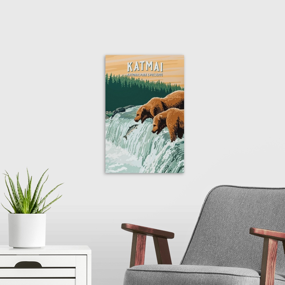 A modern room featuring Katmai National Park, Bears Hunting: Retro Travel Poster