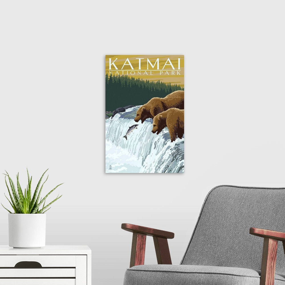 A modern room featuring Katmai National Park, Bears Hunting: Retro Travel Poster