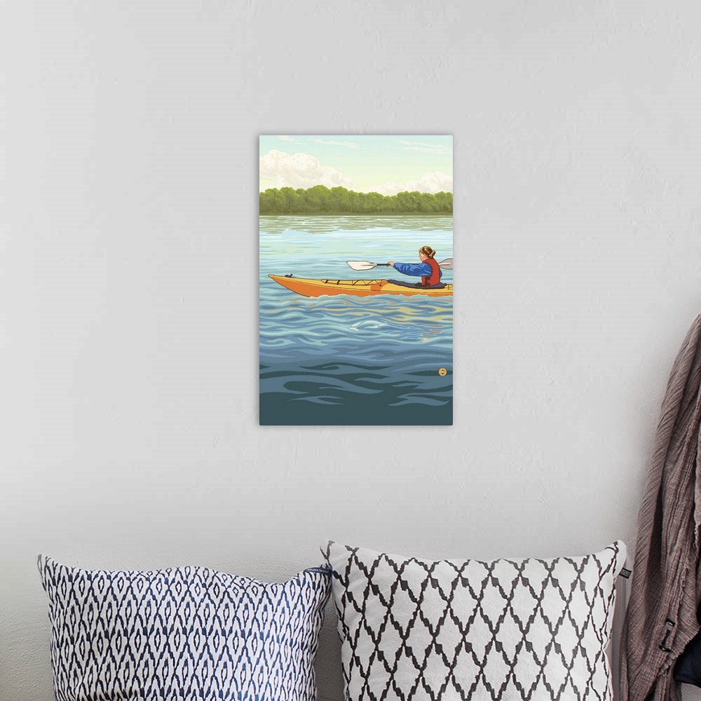 A bohemian room featuring Retro stylized art poster of a woman kayaking on a lake.