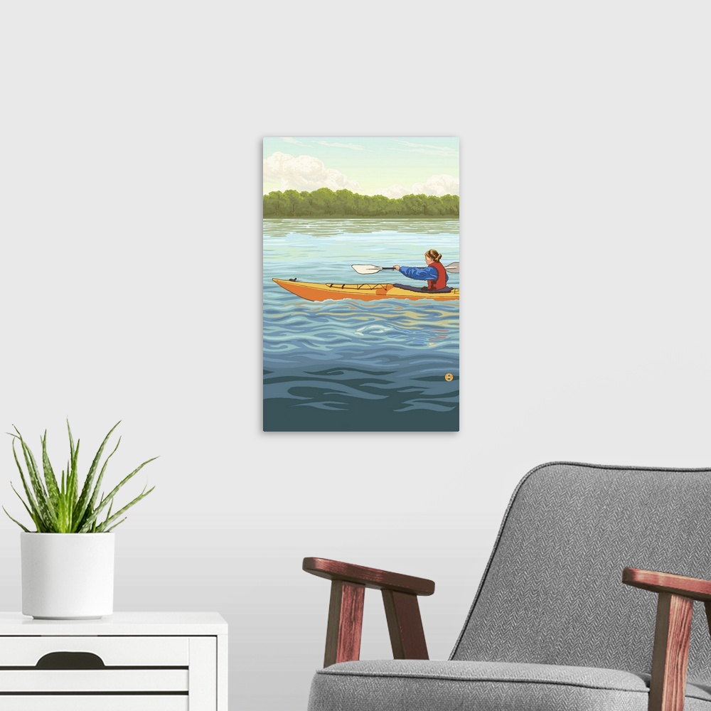 A modern room featuring Retro stylized art poster of a woman kayaking on a lake.