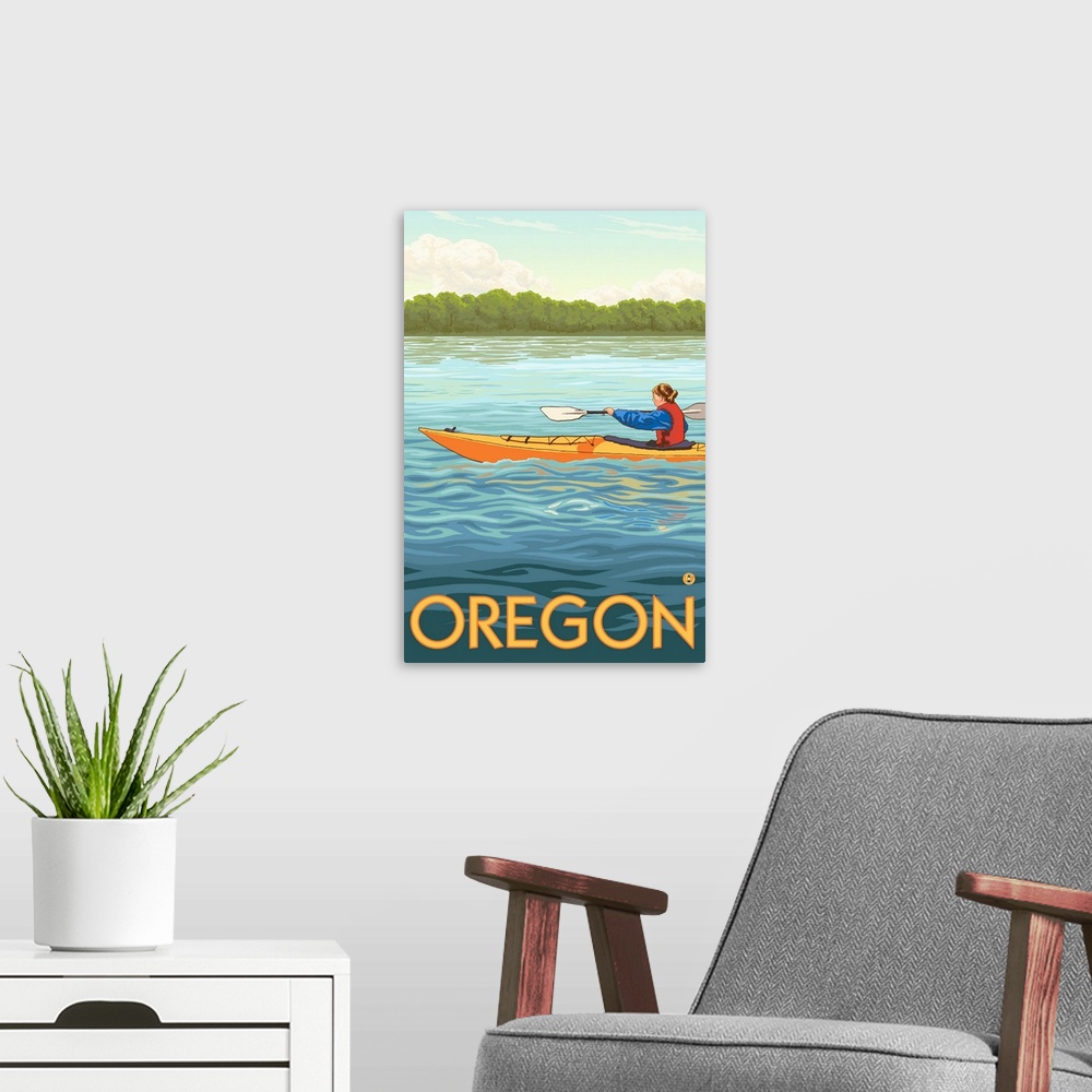 A modern room featuring Kayak Scene - Oregon: Retro Travel Poster