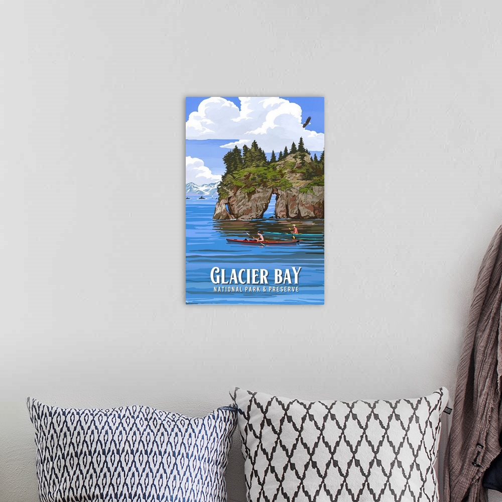A bohemian room featuring Kayaking In Glacier Bay National Park: Retro Travel Poster