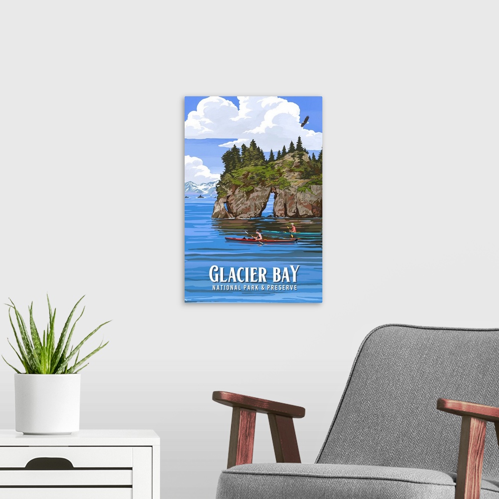 A modern room featuring Kayaking In Glacier Bay National Park: Retro Travel Poster