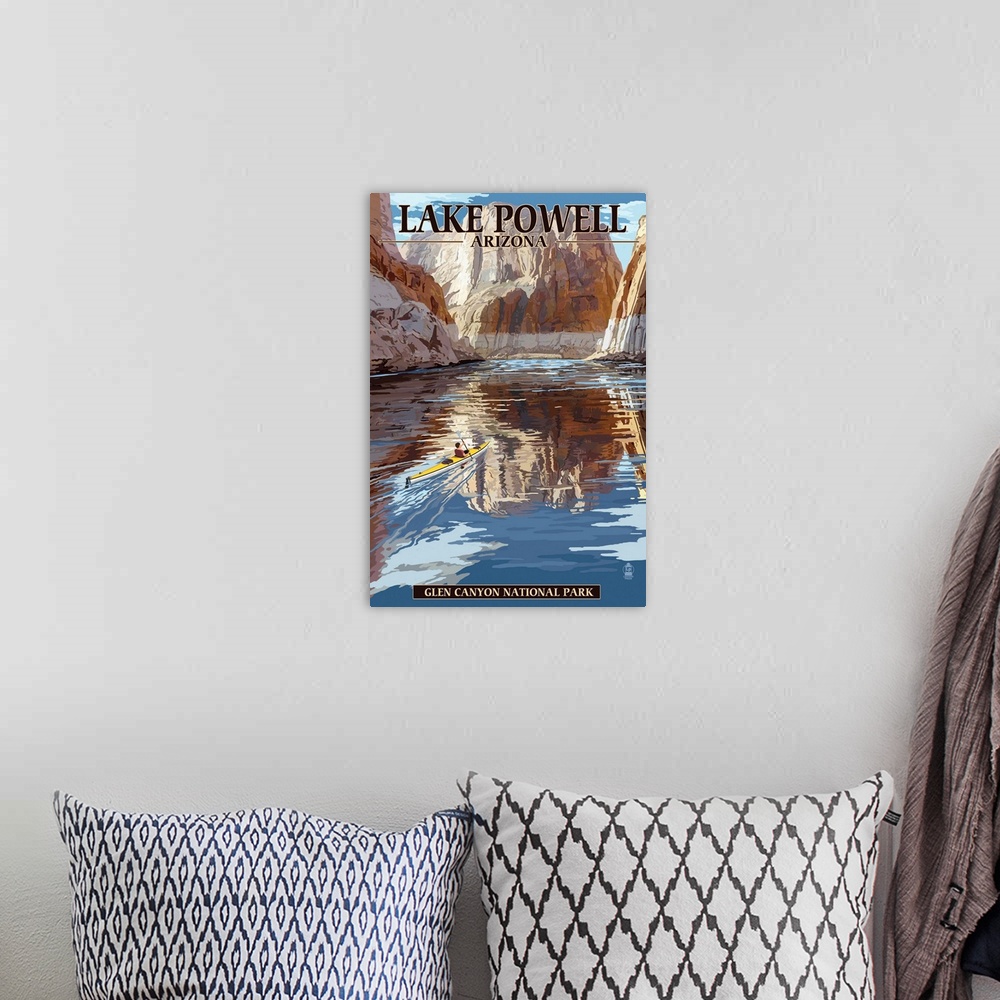 A bohemian room featuring Kayaking In Lake Powell: Retro Travel Poster