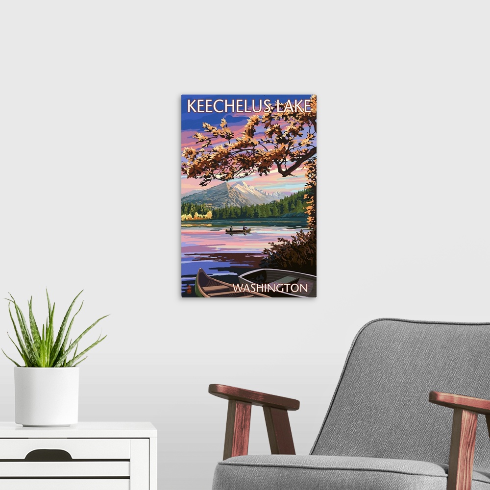 A modern room featuring Keechelus Lake, Washington - Lake Scene at Dusk: Retro Travel Poster
