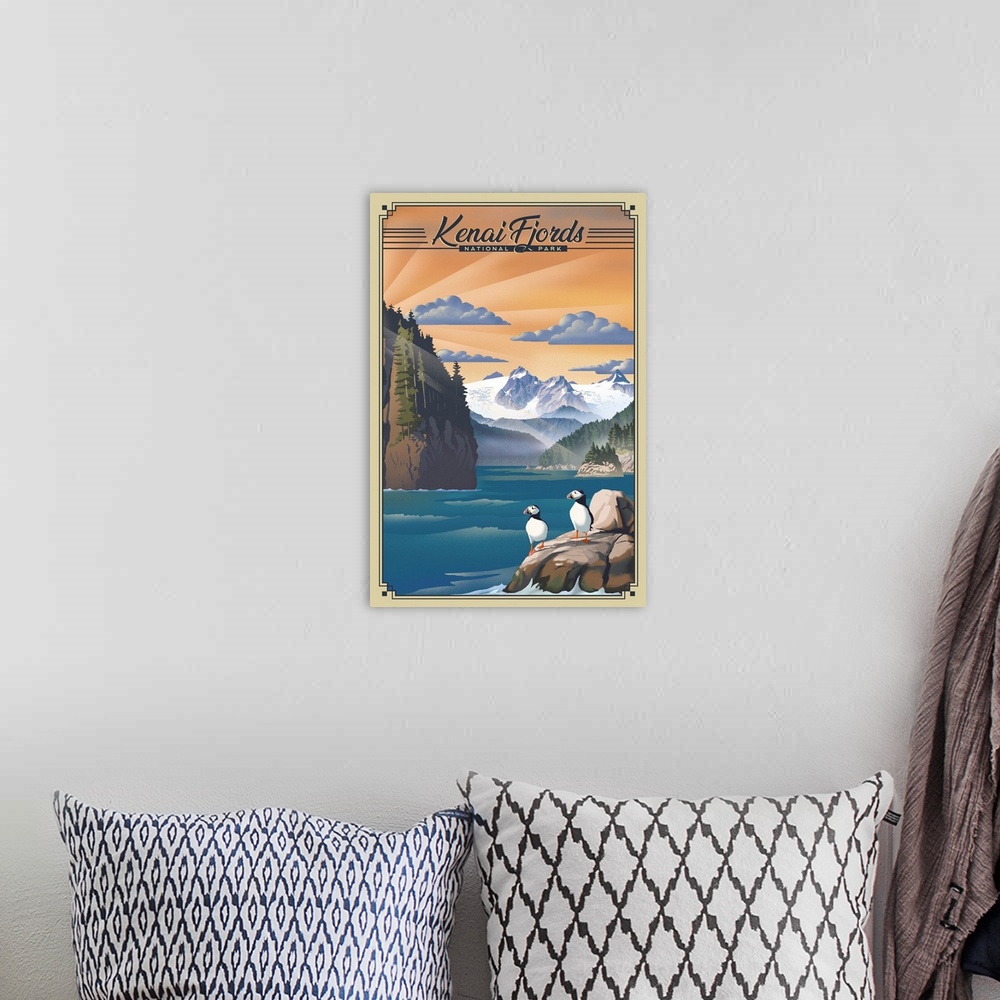 A bohemian room featuring Kenai Fjords National Park, Puffins: Retro Travel Poster