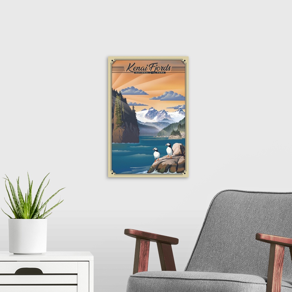 A modern room featuring Kenai Fjords National Park, Puffins: Retro Travel Poster