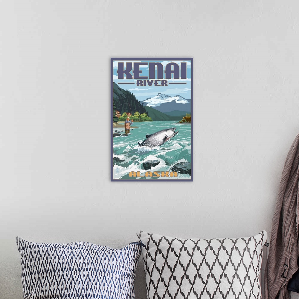 A bohemian room featuring Retro stylized art poster of a fisherman catching a fish in a river.