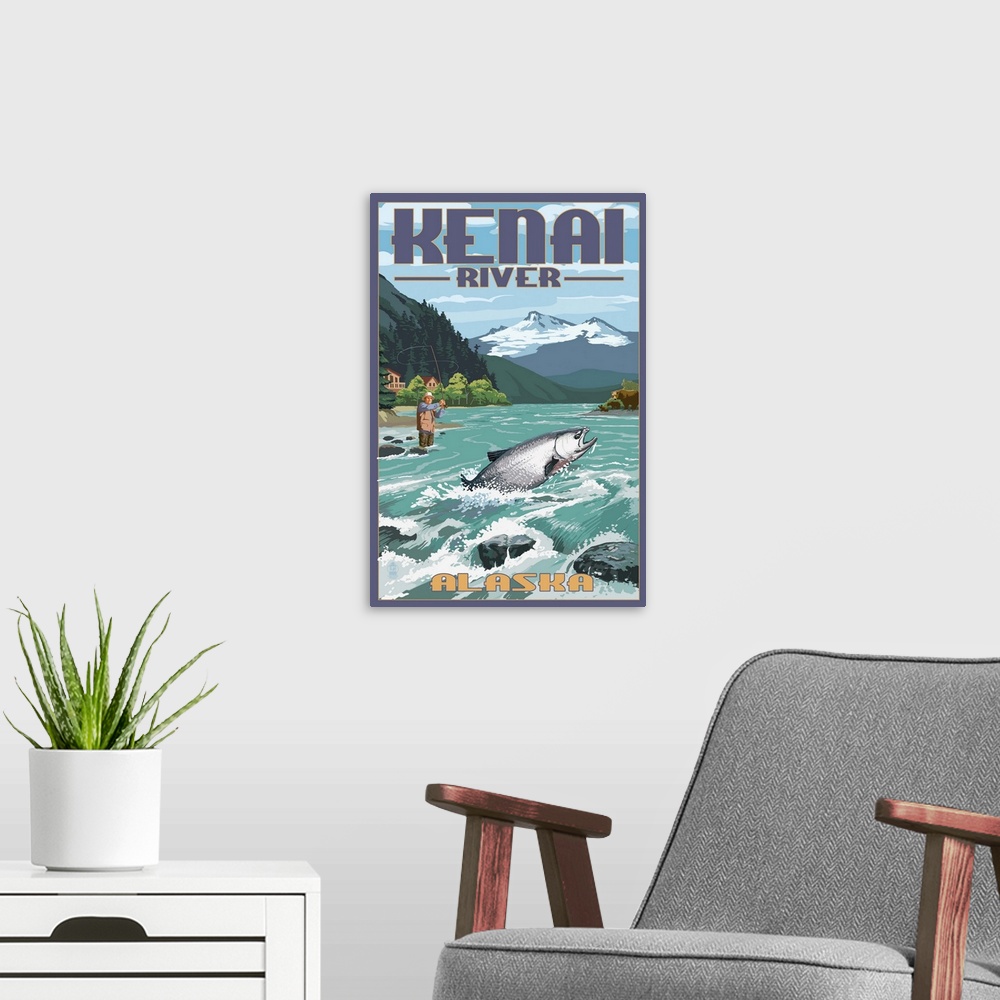 A modern room featuring Retro stylized art poster of a fisherman catching a fish in a river.