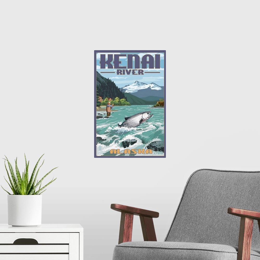 A modern room featuring Retro stylized art poster of a fisherman catching a fish in a river.