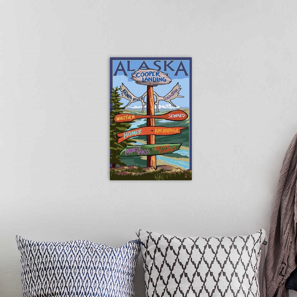 A bohemian room featuring Kenai River, Alaska - Sign Post: Retro Travel Poster