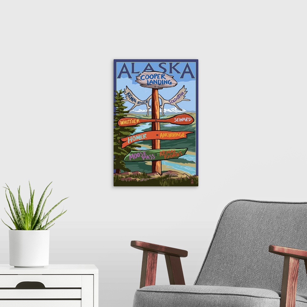 A modern room featuring Kenai River, Alaska - Sign Post: Retro Travel Poster
