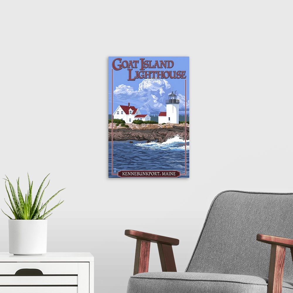 A modern room featuring Retro stylized art poster of a lighthouse and coastal house near the waters edge. With a giant ro...