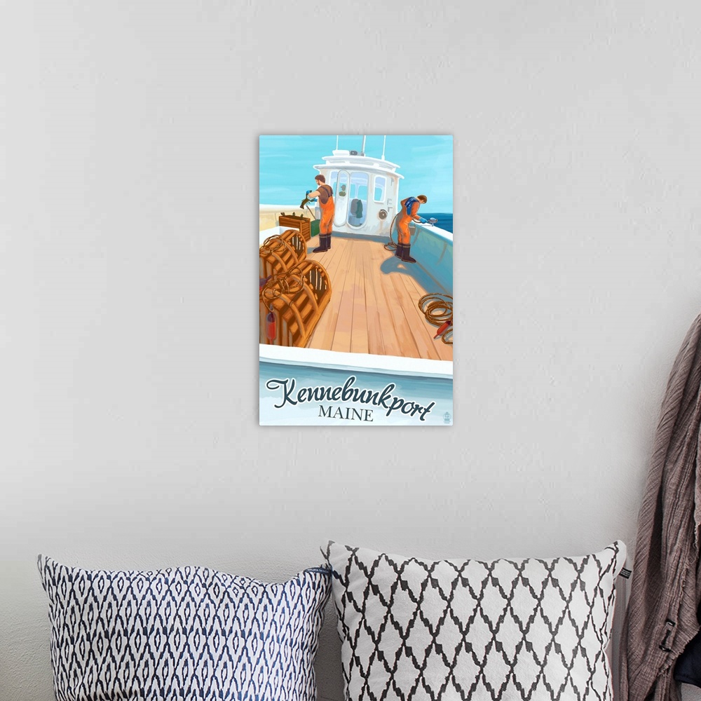 A bohemian room featuring Retro stylized art poster of lobster fisherman on a boat.