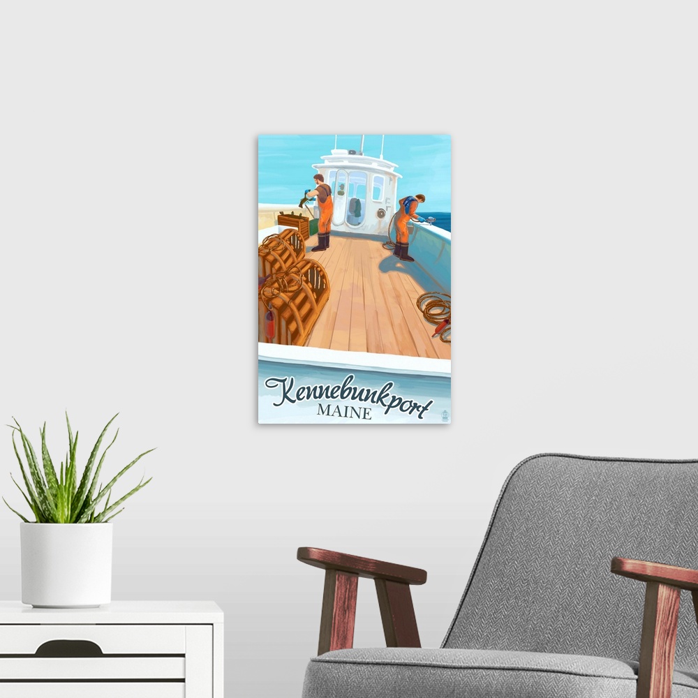 A modern room featuring Retro stylized art poster of lobster fisherman on a boat.