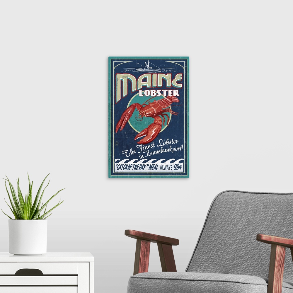 A modern room featuring Retro stylized art poster of a vintage seafood market sign displaying a lobster.