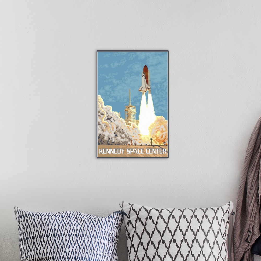 A bohemian room featuring Kennedy Space Center: Retro Travel Poster