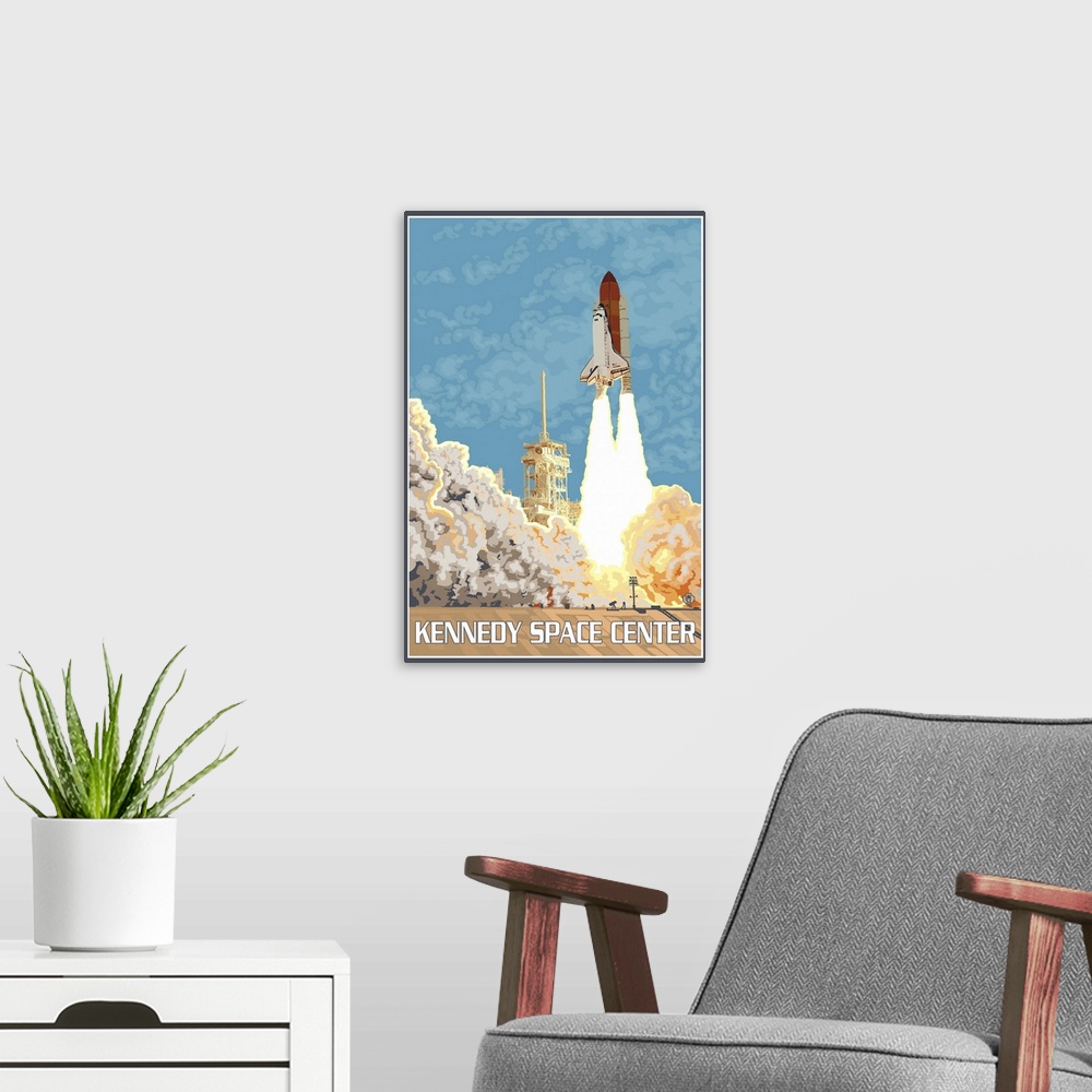 A modern room featuring Kennedy Space Center: Retro Travel Poster