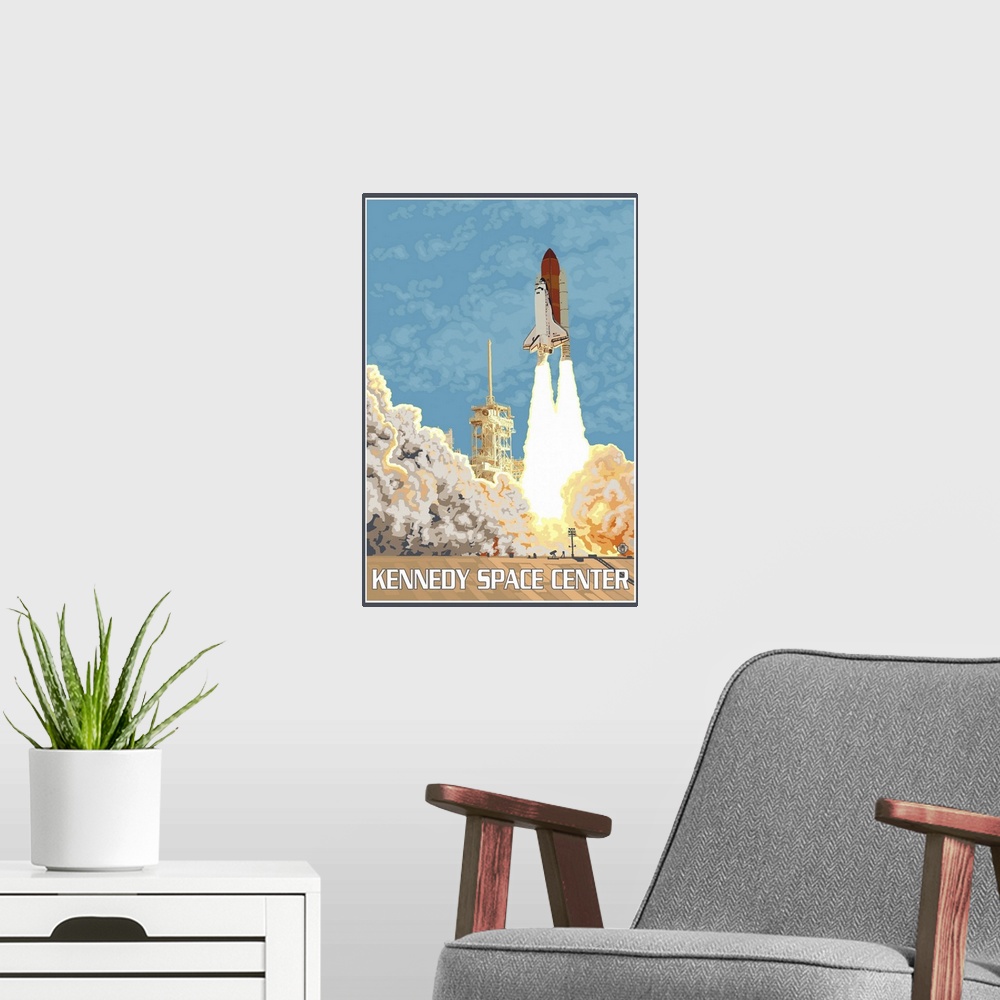 A modern room featuring Kennedy Space Center: Retro Travel Poster