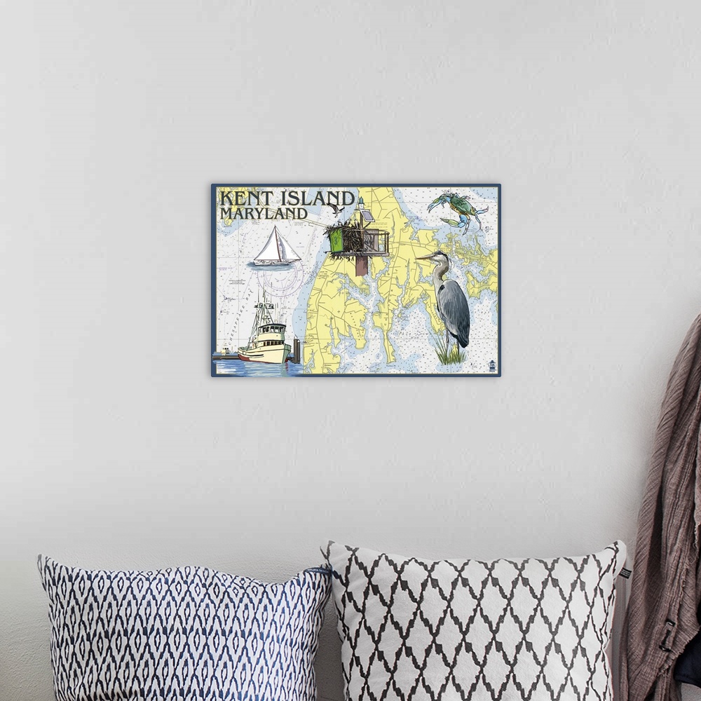 A bohemian room featuring Kent Island, Maryland - Nautical Chart: Retro Travel Poster