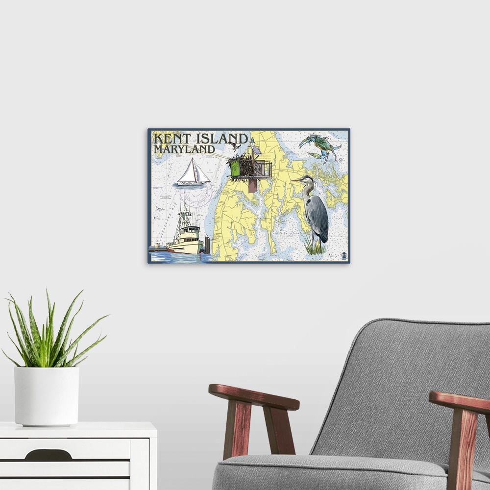 A modern room featuring Kent Island, Maryland - Nautical Chart: Retro Travel Poster
