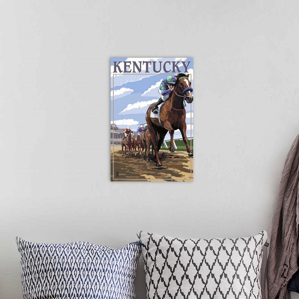 A bohemian room featuring Retro stylized art poster of a group of horse racers. With a jockey on horseback out in front.