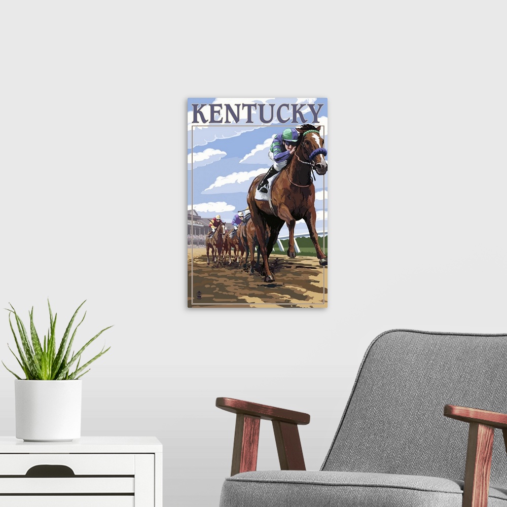 A modern room featuring Retro stylized art poster of a group of horse racers. With a jockey on horseback out in front.