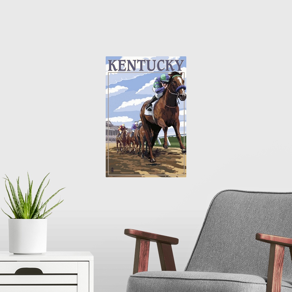 A modern room featuring Retro stylized art poster of a group of horse racers. With a jockey on horseback out in front.