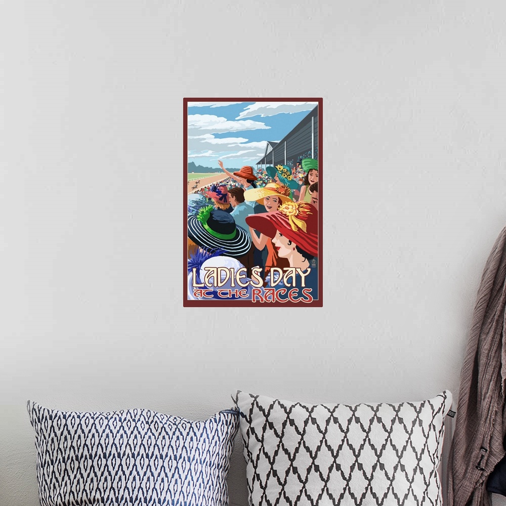 A bohemian room featuring Retro stylized art poster of a large group of women wearing large hats, watching a horse race at ...