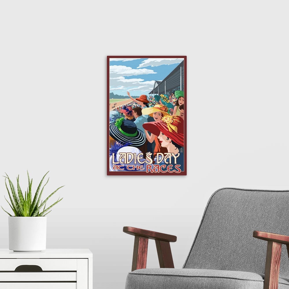 A modern room featuring Retro stylized art poster of a large group of women wearing large hats, watching a horse race at ...