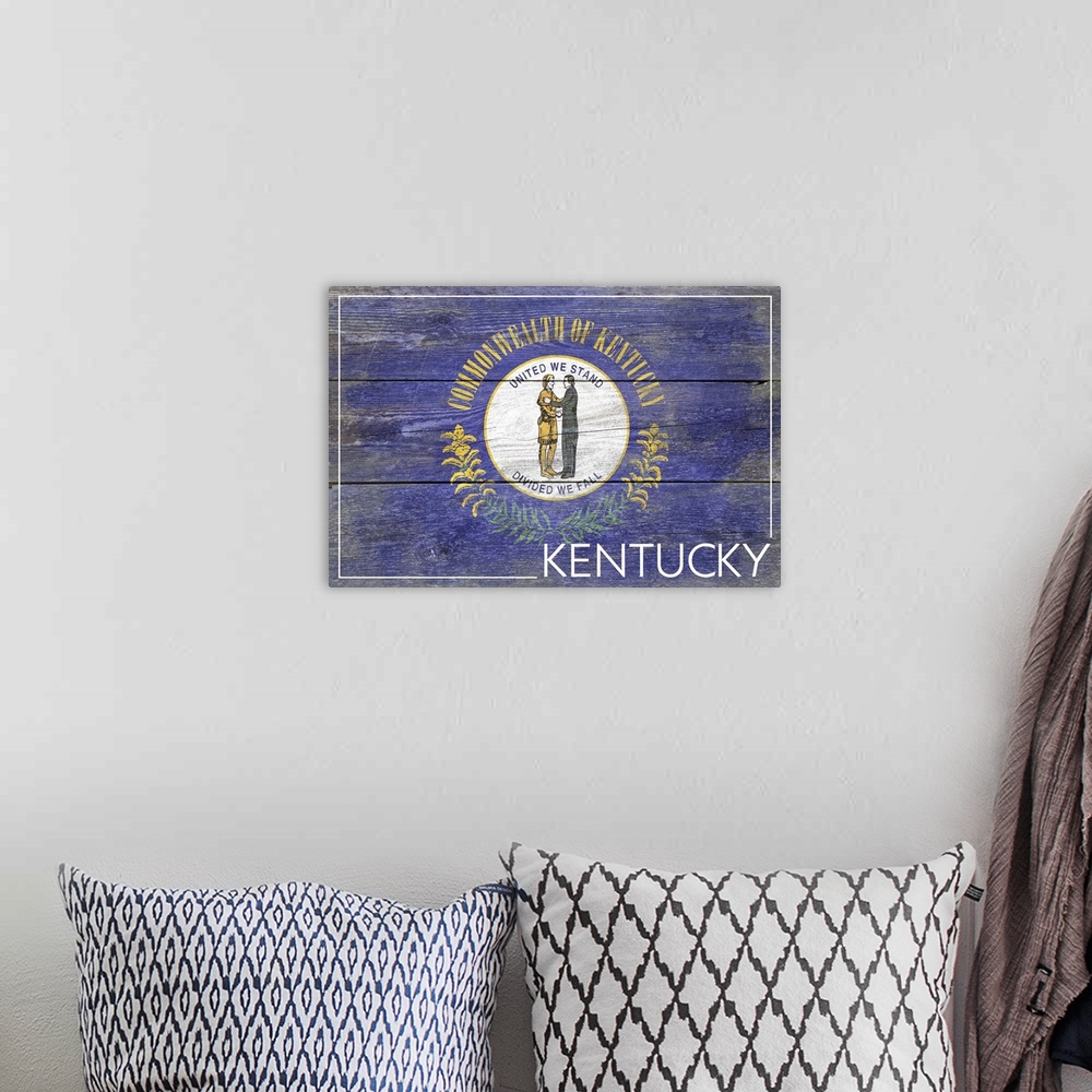 A bohemian room featuring The flag of Kentucky with a weathered wooden board effect.