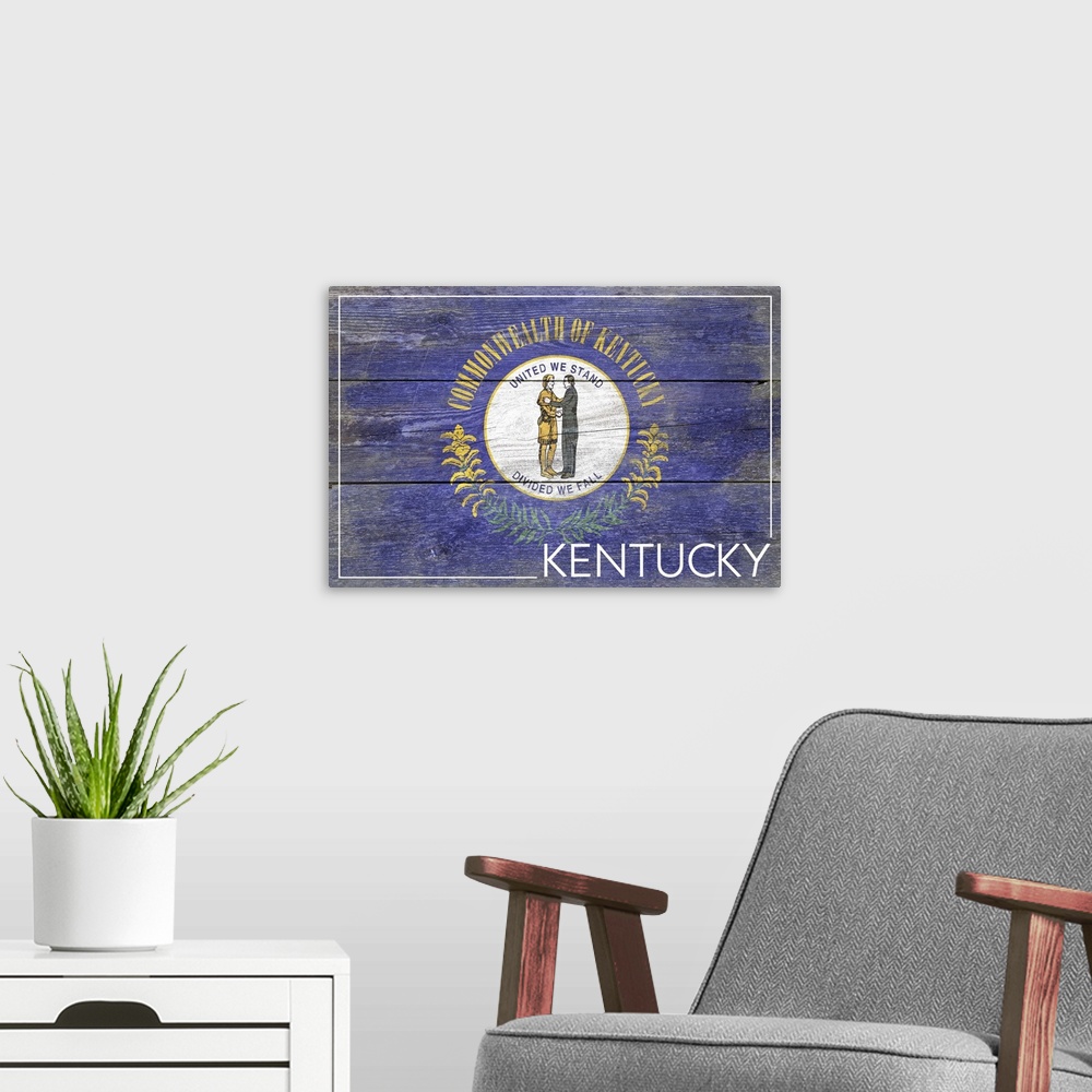 A modern room featuring The flag of Kentucky with a weathered wooden board effect.