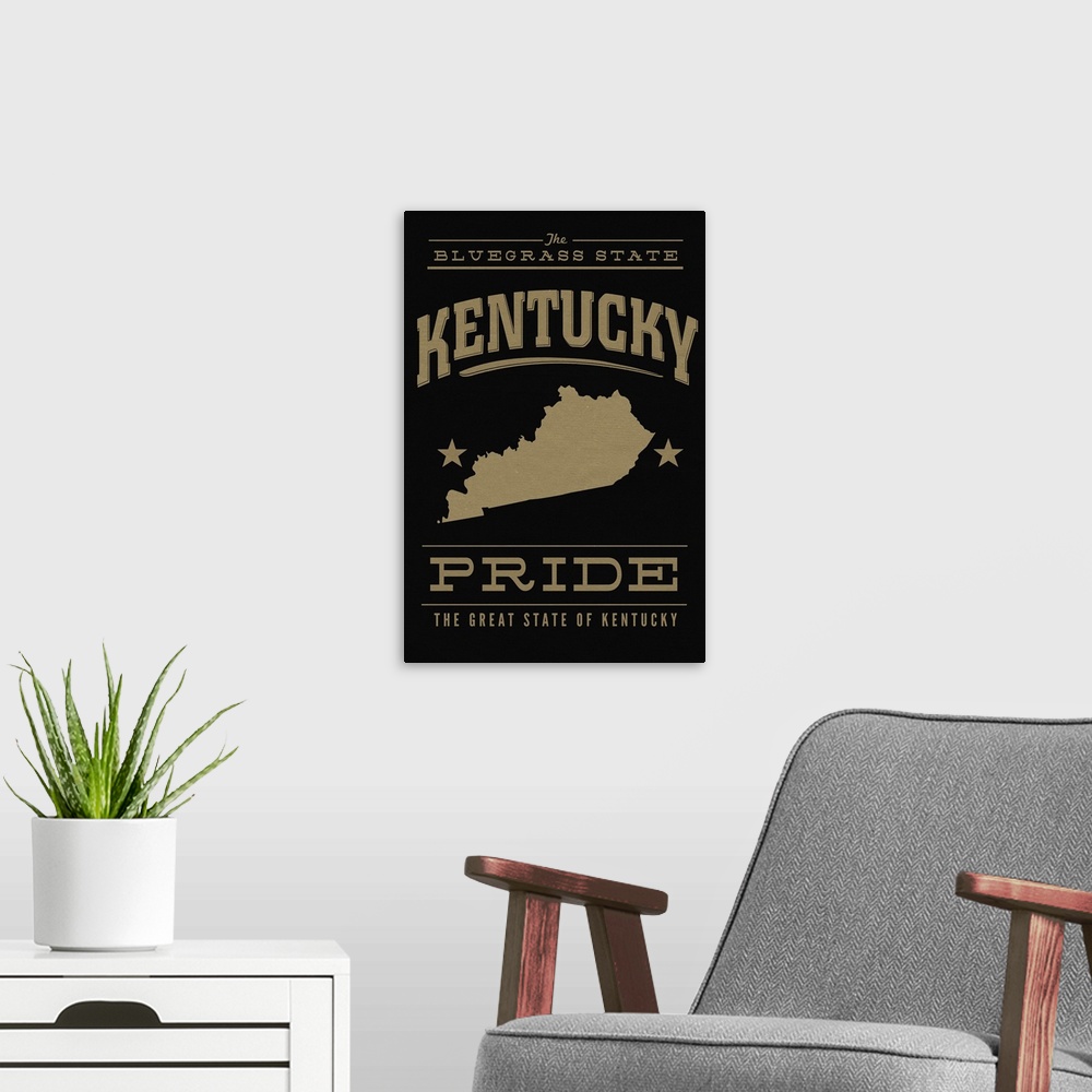 A modern room featuring The Kentucky state outline on black with gold text.