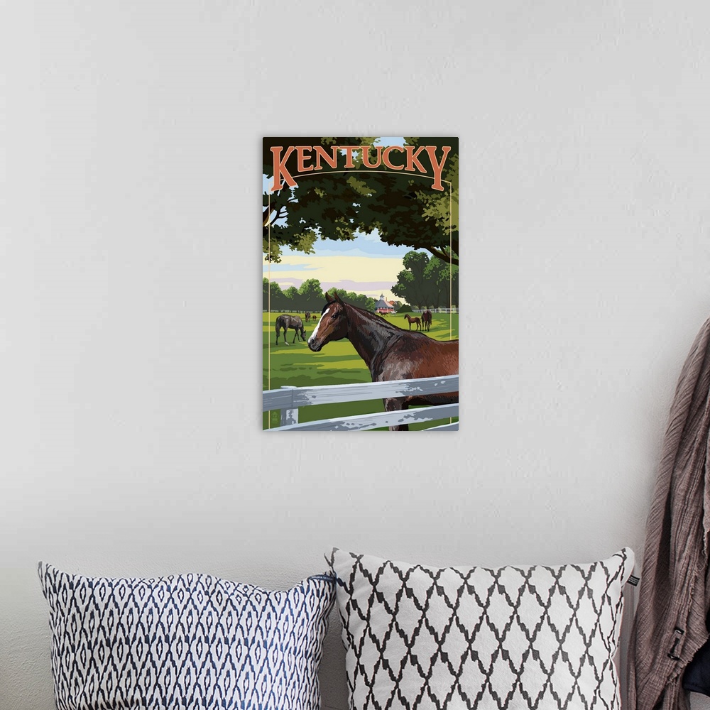 A bohemian room featuring Retro stylized art poster of a field of horses, with a white picket fence in the foreground.