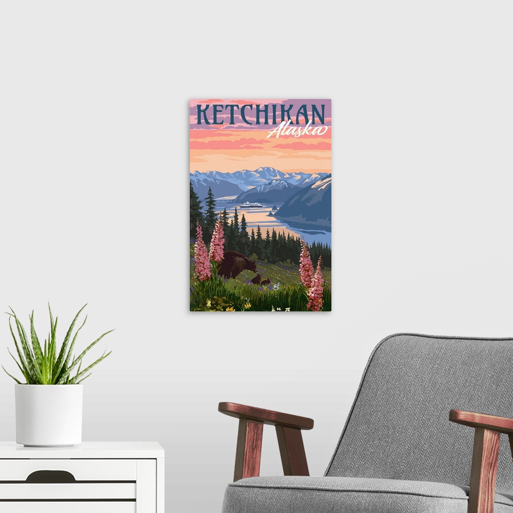 A modern room featuring Ketchikan, Alaska - Bear & Spring Flowers