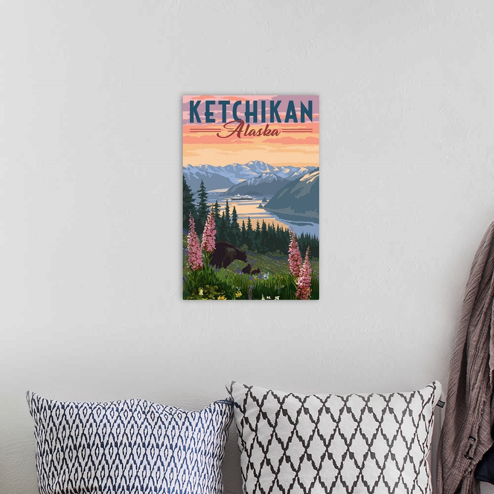 A bohemian room featuring Ketchikan, Alaska - Inside Passage - Bear & Spring Flowers