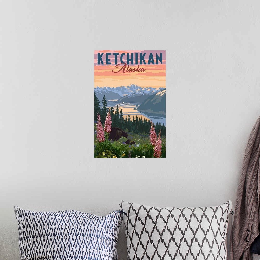A bohemian room featuring Ketchikan, Alaska - Inside Passage - Bear & Spring Flowers