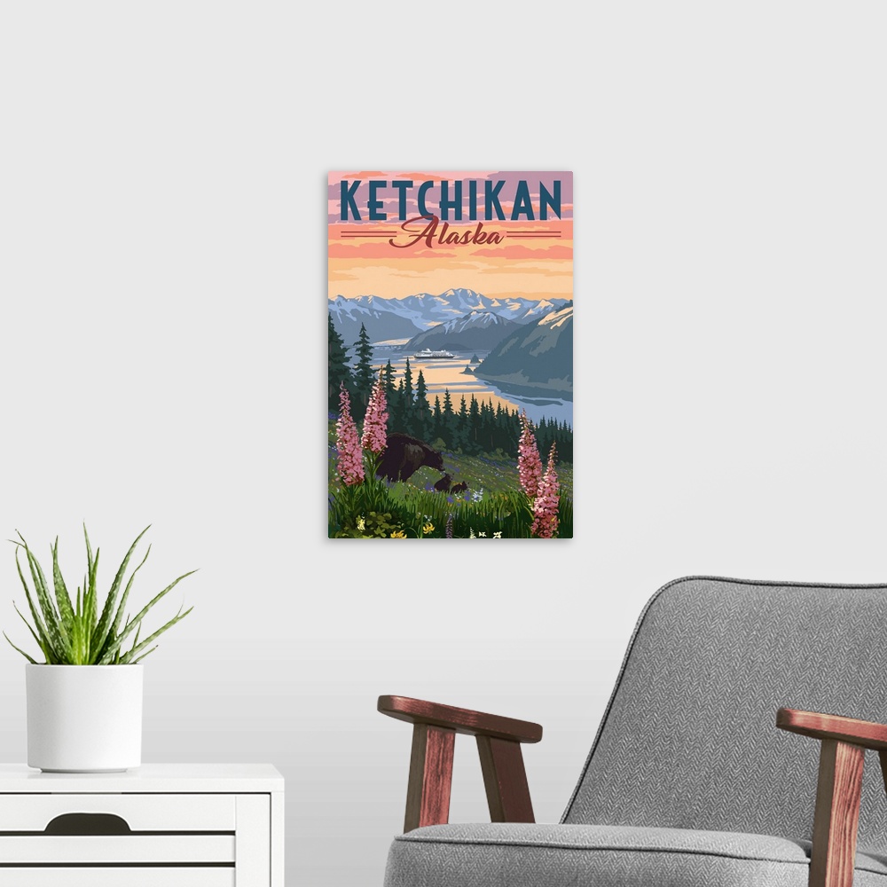 A modern room featuring Ketchikan, Alaska - Inside Passage - Bear & Spring Flowers