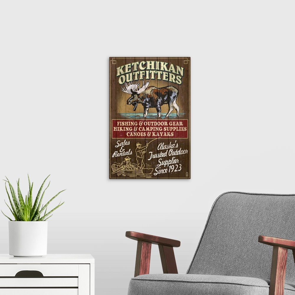 A modern room featuring Ketchikan Outfitters Moose - Ketchikan, Alaska: Retro Travel Poster