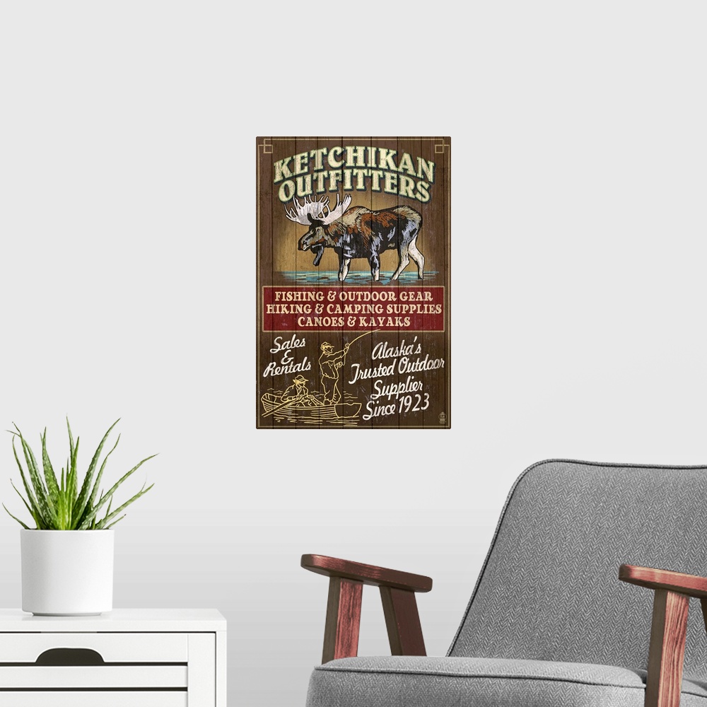 A modern room featuring Ketchikan Outfitters Moose - Ketchikan, Alaska: Retro Travel Poster