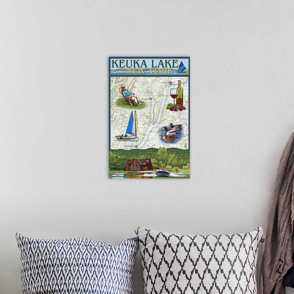 A bohemian room featuring Keuka Lake, New York - Nautical Chart: Retro Travel Poster